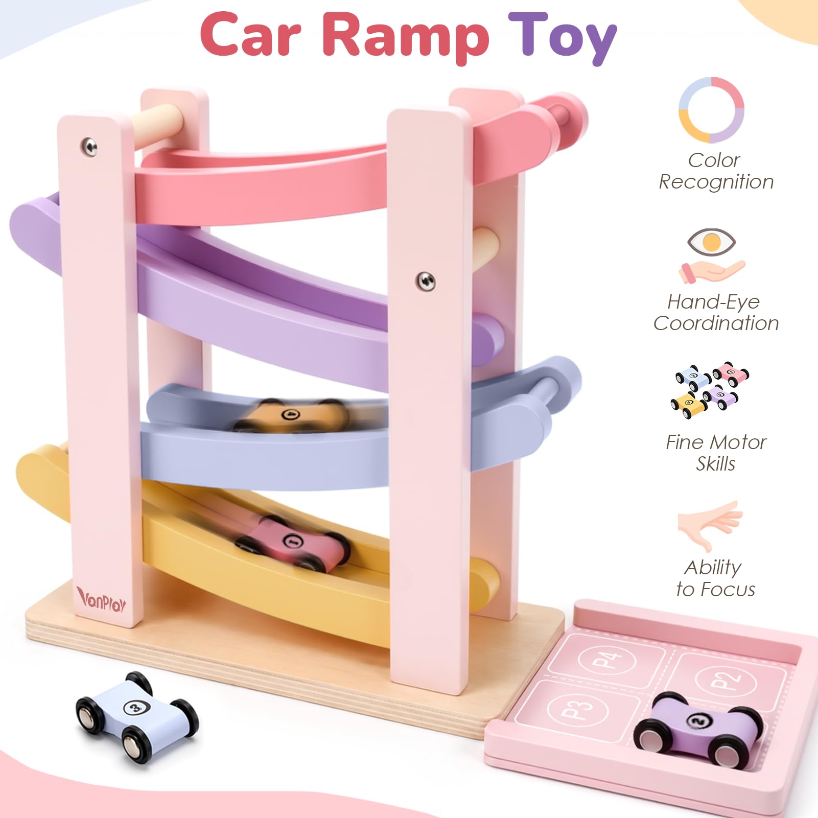 Vanplay Montessori Giocattolo per auto a partire da 1 anno, giocattolo in legno, a partire da 1 a 2 anni, regalo per bambini e bambine (Rosso)