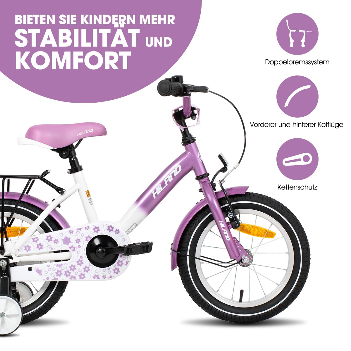 HILAND Starry 12/14/16 Zoll Kinderfahrrad, Mädchenfahrrad mit Stützrädern, Rosa/Lila Kinderfahrrad Handbremse Rücktrittbremse Gepäckträger