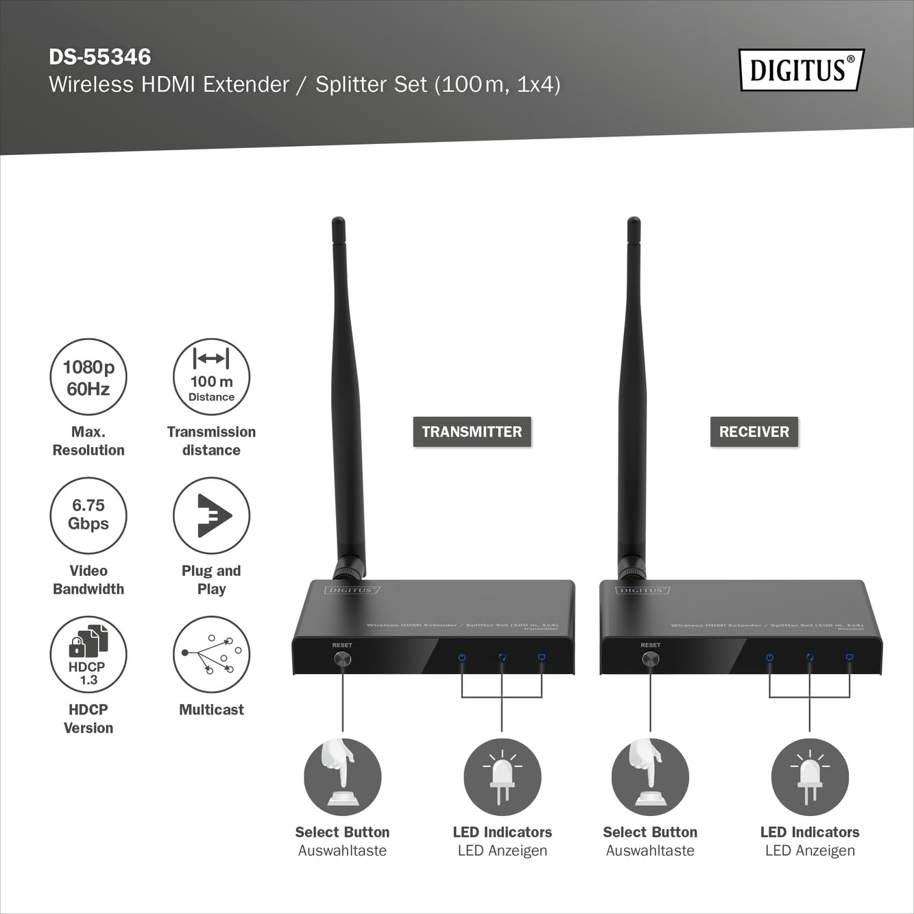 DIGITUS Wireless HDMI Extender Splitter (1x4) – Full HD 1080p 60 Hz | 100 m Reichweite – Set aus Transmitter und Receiver – Loop-Out, IR Infrarot – HDMI 1.4 HDCP 1.3
