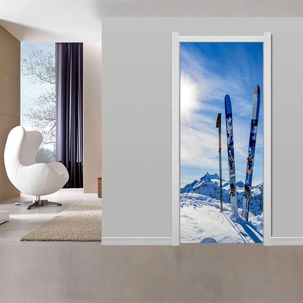 Sticker de porte trompe l'oeil ciel bleu et snowboard pour une chambre d'ado