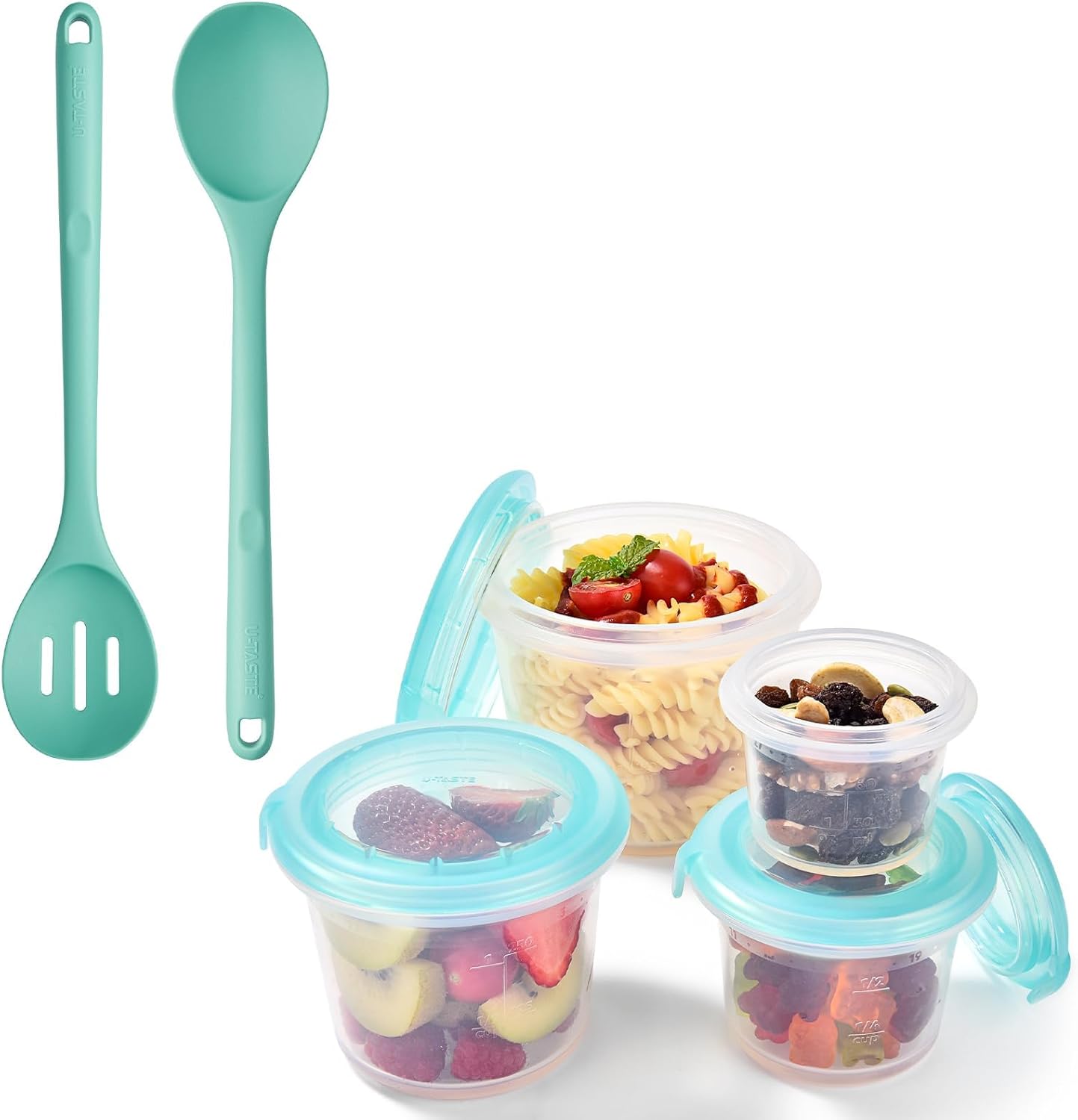 U-Taste 600ºF Heat Resistant 13.3in Solid & Slotted Silicone Spoons and 2oz/4oz/8oz/16oz Silicone Food Storage Containers Set Meal Prep Box Set of 4 (Aqua Sky)