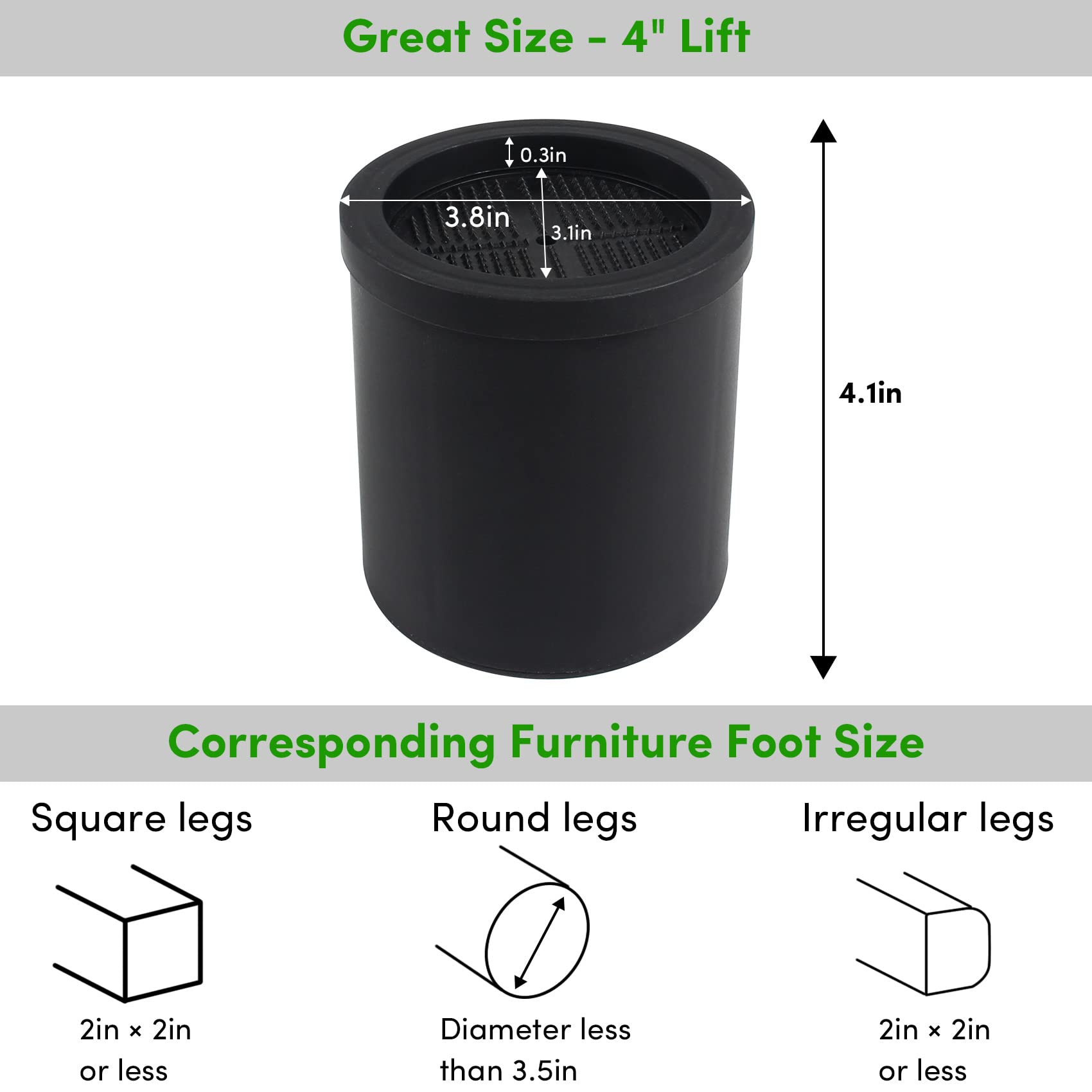 DEDU Bed Risers 4 Inch Heavy Duty, Furniture Risers with Non-Slip Pad Supports Up to 11000 Lbs, Round Couch Risers for Sofas, Desk or Chair (Set of 4 Black)