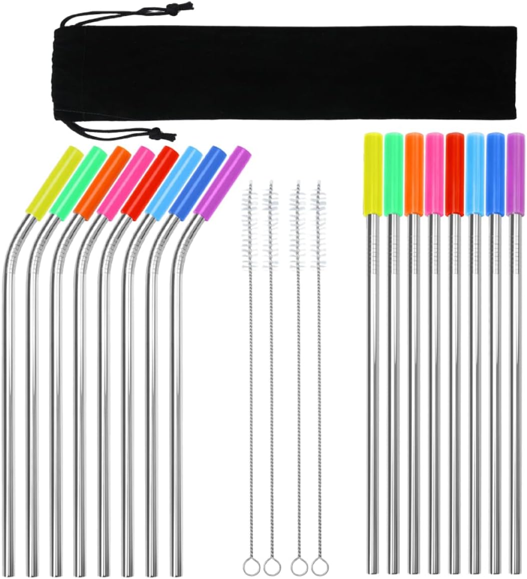 37-Piece Stainless Steel Drinking Straw Set with Curved and Straight Straws Cleaning Brush and Pouch for Home Travel and Parties