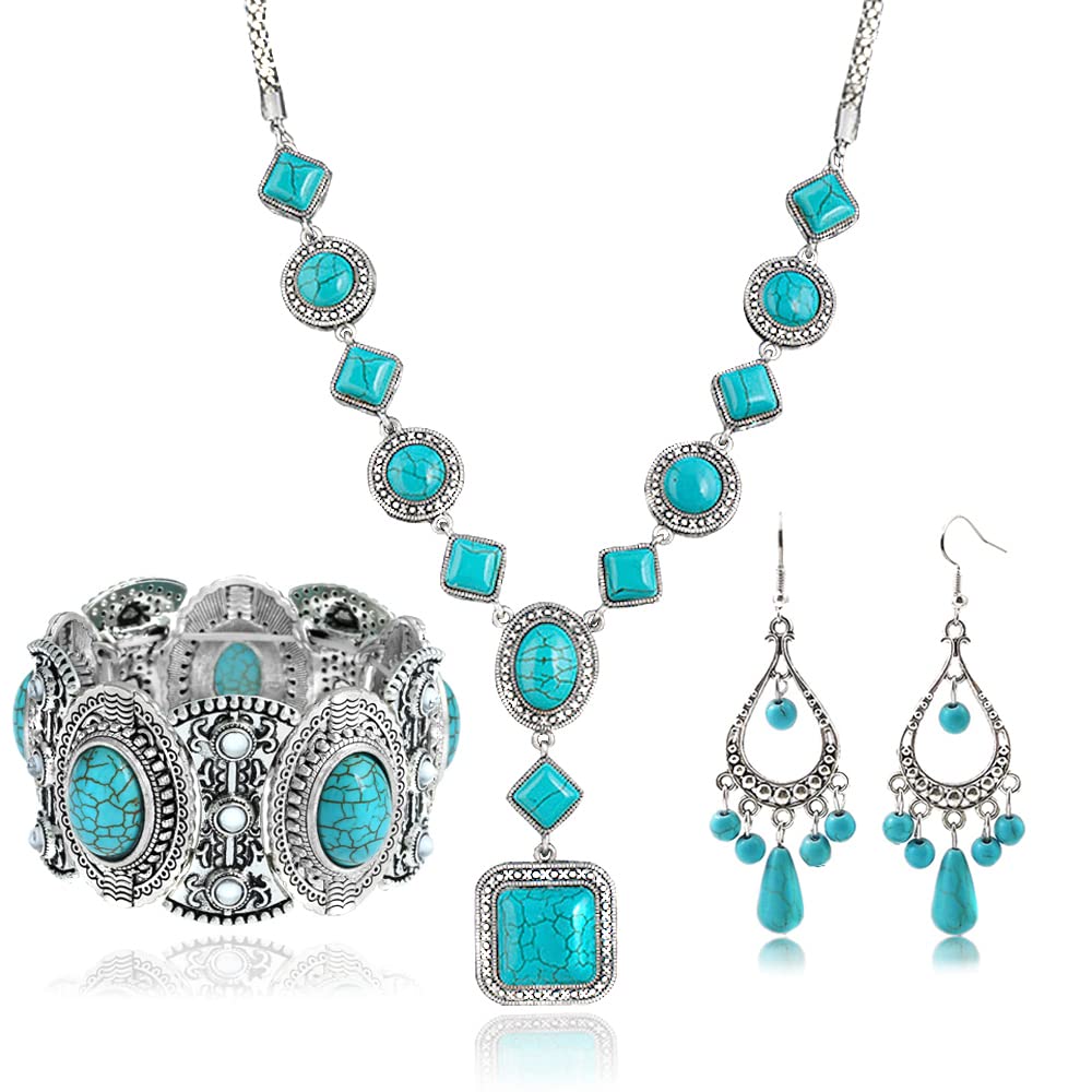3 Pieces Bohemian Turquoise Necklace for Western Jewelry Set Boho Pendant Vintage Choker Long Alloy Turquoise Earrings Pendant Bracelets Layers, Metal, Turquoise Beaded-image-7