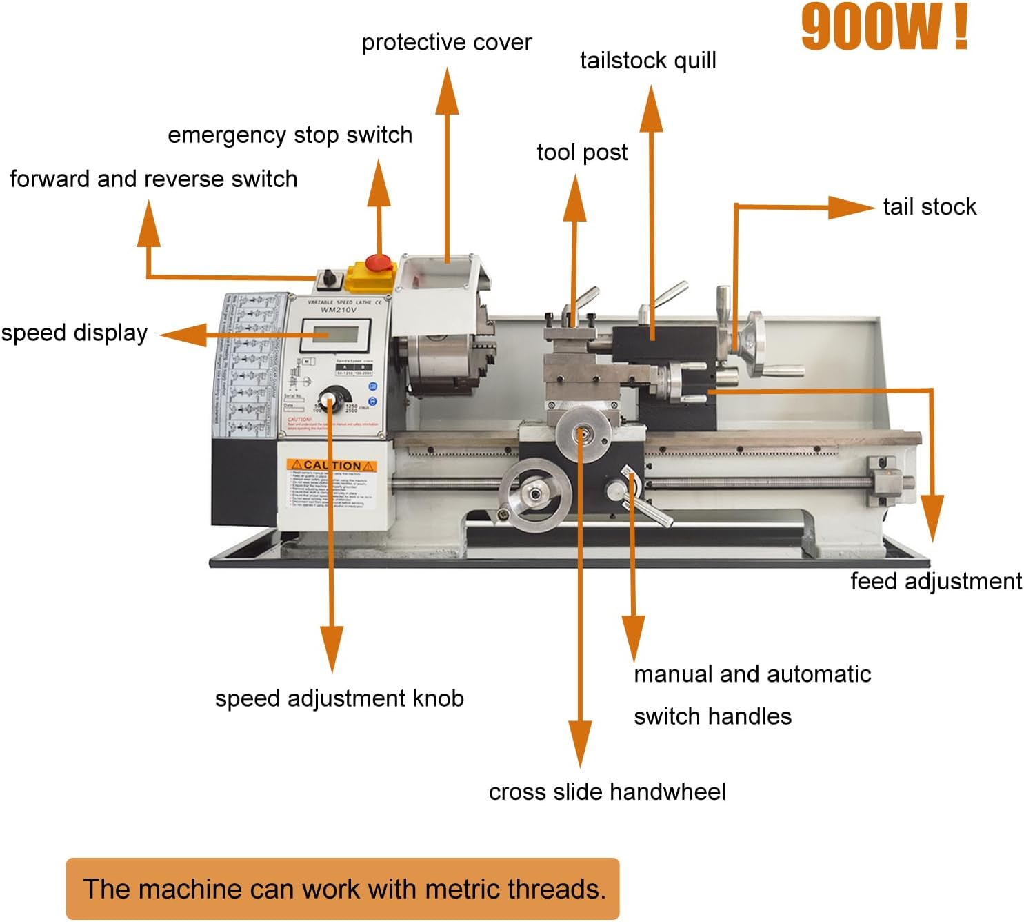 WM210V Mini Metal Lathe Metric Precision Metal Bench Lathe Metalworking Lathe Bench Metal Milling Machine Miniature Lathe Milling Machine 900W 110V