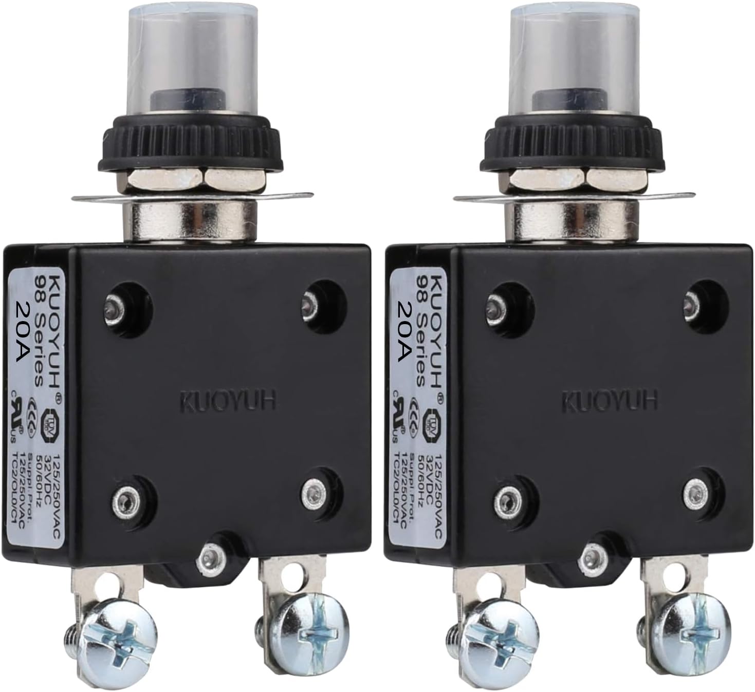 Thermal Circuit Breaker,98 Series 20A 125/250VAC Circuit Breaker Push-Button Reset with Quick Connect Terminals and Waterproof Button Cover 32VDC Thermal Overload Circuit Breaker - 20 Amp, 2Pcs