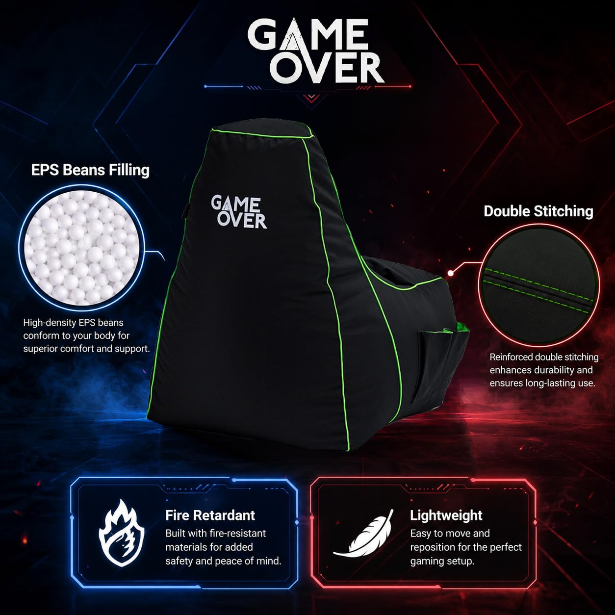 Game Over 8Bit Kinder Mini Videospiel Sitzsack für Videospiele | Wohnzimmer | Seitentaschen für Steuergeräte | Headset-Halter | Ergonomisches (Magischer Smaragd)