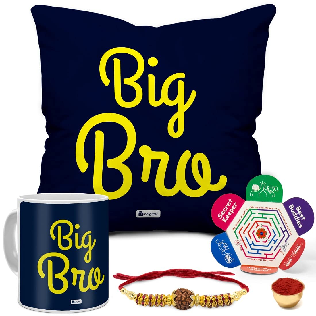 Indigifts Rakshabandhan Big Bro Quote Printed Cushion 12″x12″ with Filler Mug 330 ml Rudraksha Rakhi Greeting Card for Brother-Raksha Bandhan Gift, Cushion-Mug Combo, Best Rakhi Gift for Brother