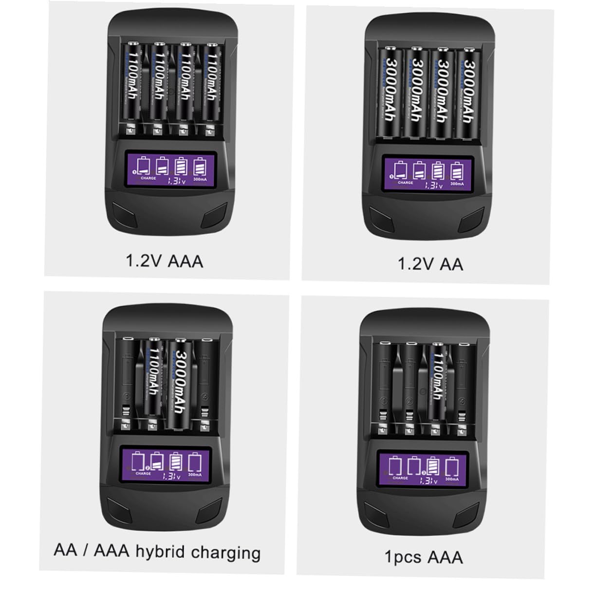 Cargador de Batería Inteligente LCD USB de 4 Ranuras | Abs Negro, 300mah 500mah 2000mah, Cable USB Incluido, Uso Doméstico y Función Multifunción