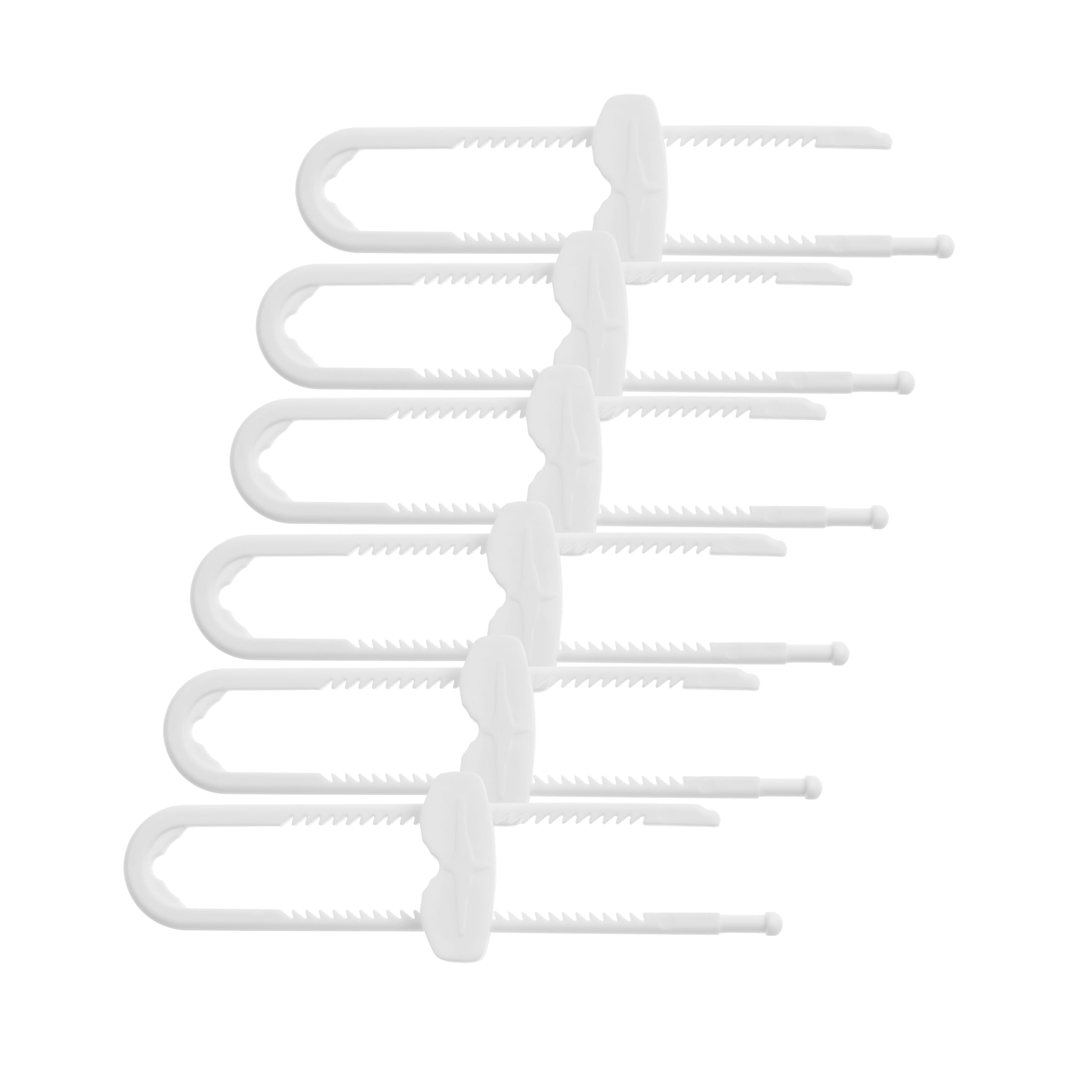 Sliding Cabinet Locks - Child Proof Cabinet Latches - For Kitchen, Bathroom Storage Doors Handles & Knobs - Suitable for Round & D-Shaped Handles - 6 Pack - White - Model L715