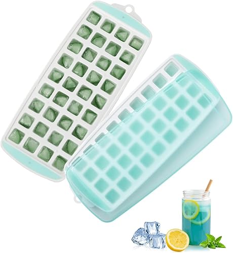 Paquete de 2 mini bandejas para cubitos de hielo con tapa, juego de bandejas de hielo apilables para congelador, 72 moldes pequeños para cubitos de