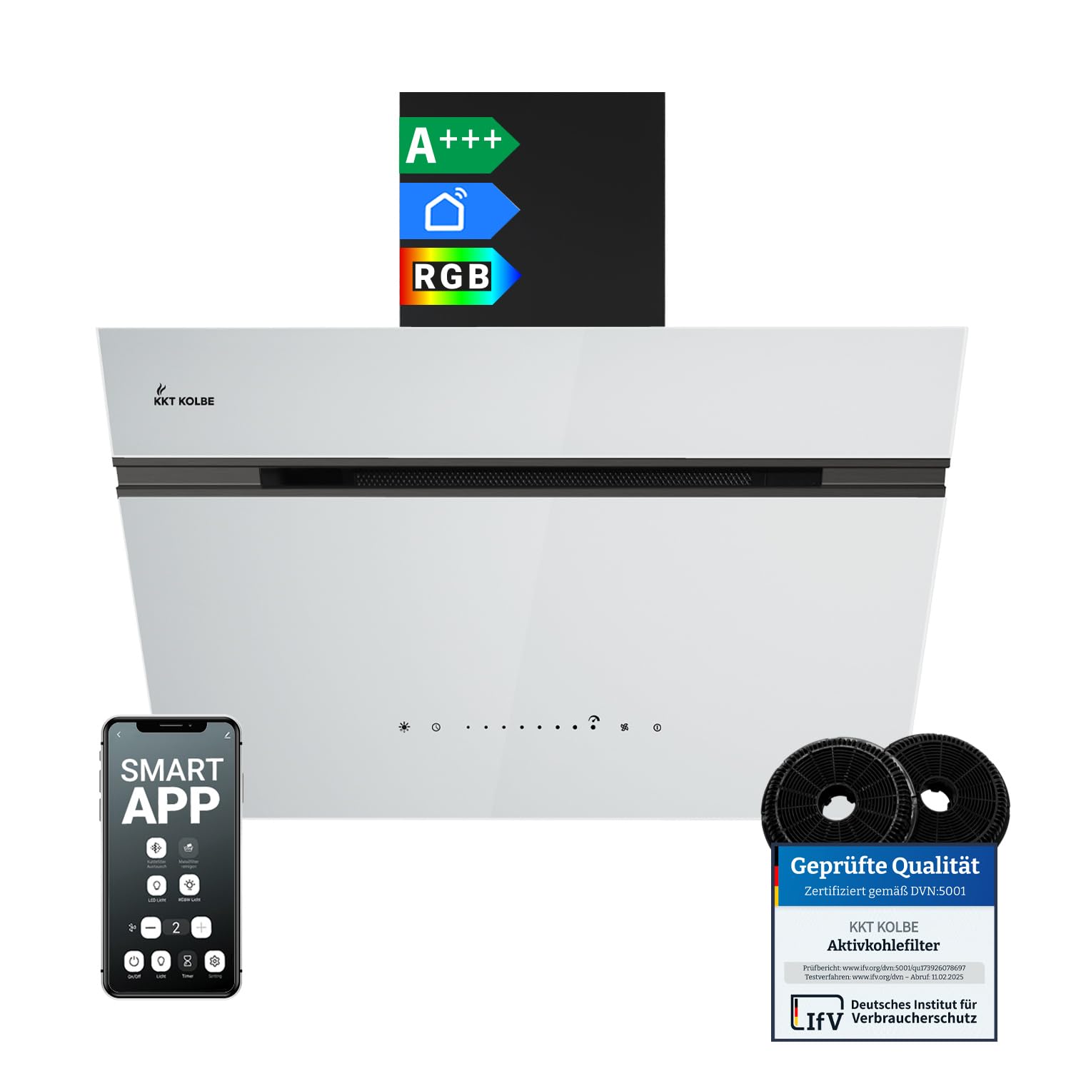 KKT KOLBE A+++ okap kuchenny 60 cm 782 m³/h obieg powietrza wylotowego bez głowy | czarne białe szkło | automatyczne postępowanie | Smart WiFi App WLAN | SensorTouch | RGBW oświetlenie LED |