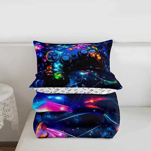 Miniatura 3 de Feelyou - Juego de edredón para niños gamers tamaño individual, juego de ropa de cama de estilo Galaxy Gaming con purpurina, juego de edredón para
