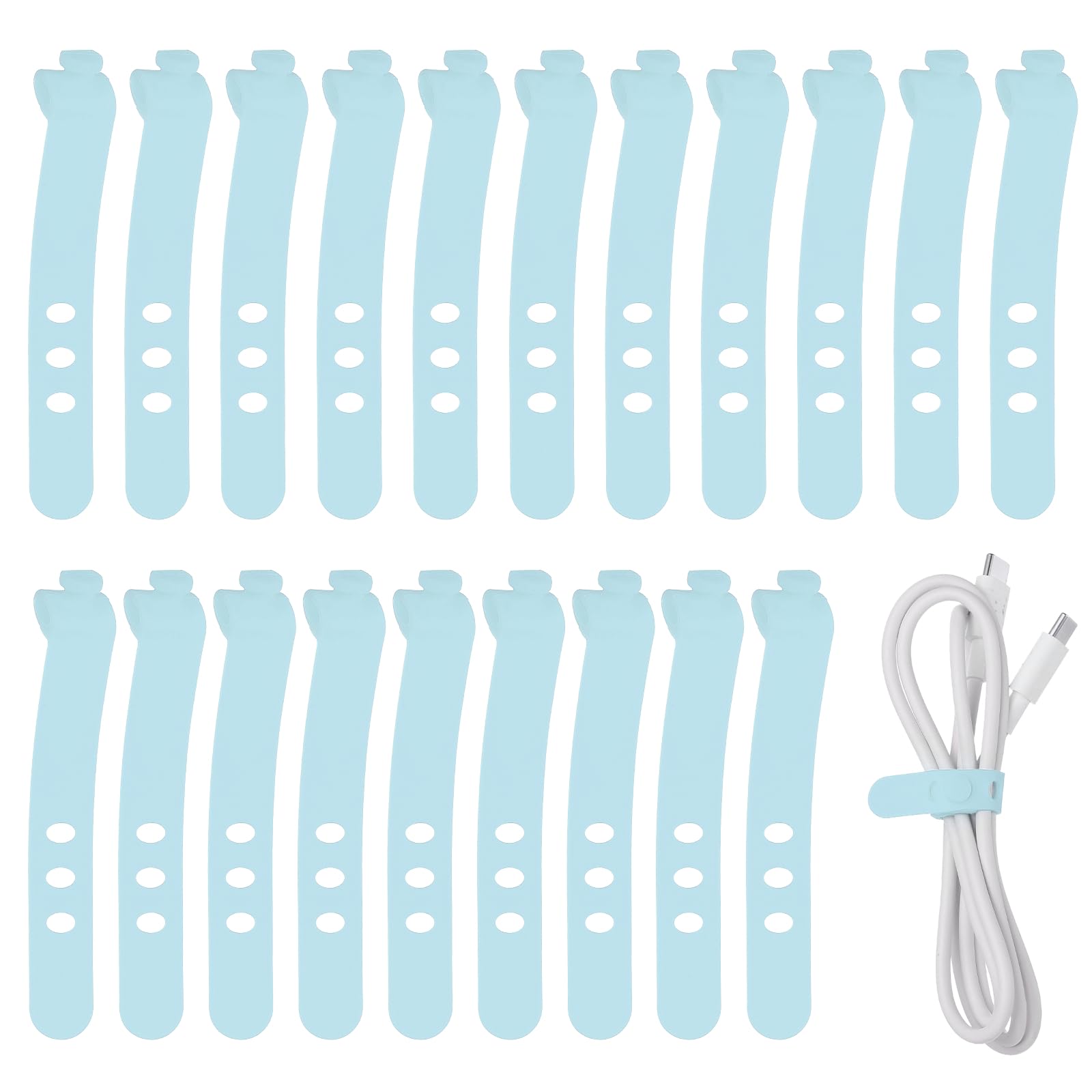 sourcing map 20Pcs Silicone Cable Ties, 3 Hole Reusable Rubber Cord Tie Adjustable Elastic Cord Wraps with Locking Buckle, Multi Purpose Cable Strap for Home Office Travel Wires, Water Blue