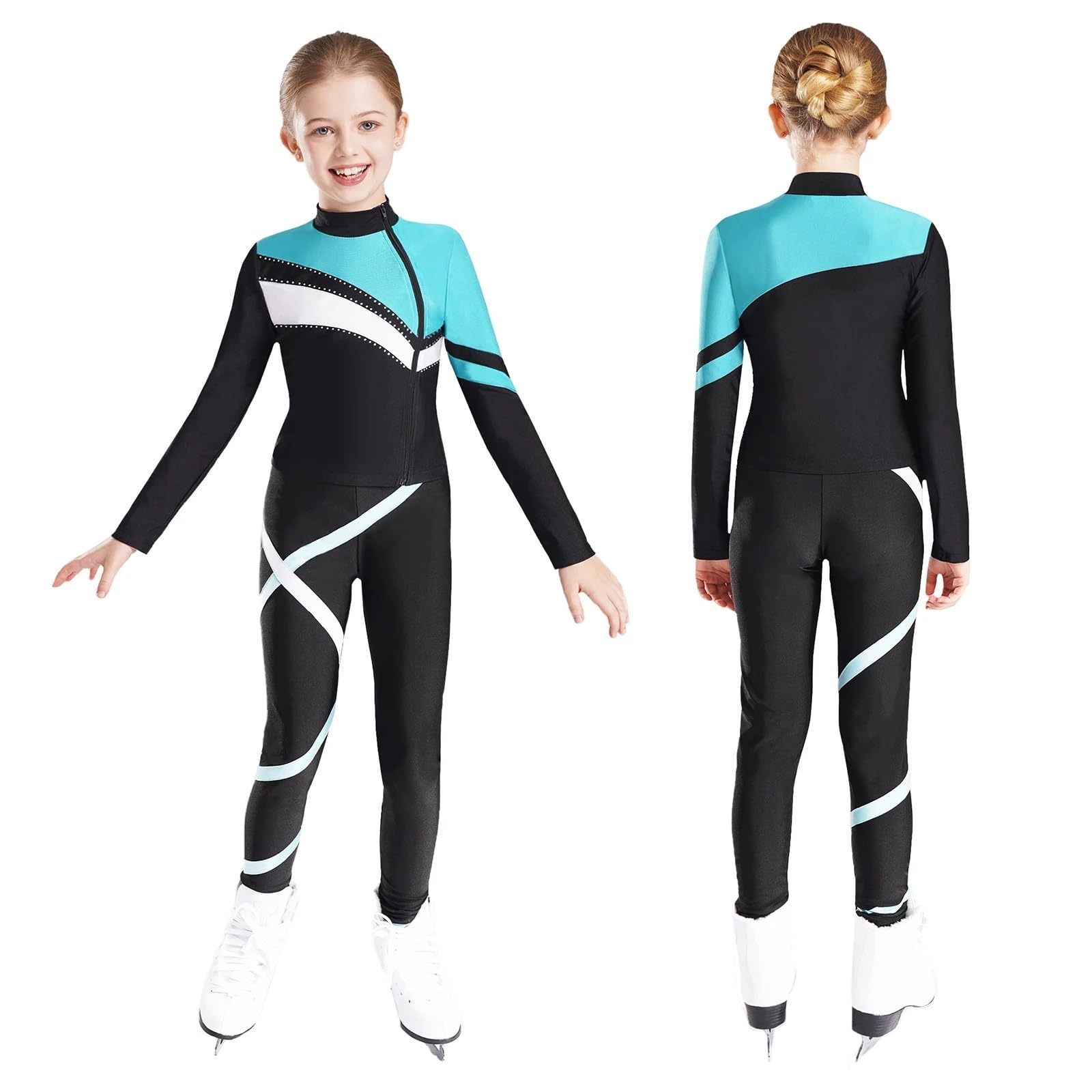 Conjunto Deportivo Niña Traje Deportivo de Gimnasia for niños y niñas, Sudadera atlética de Manga Larga, Top con Mallas, chándal for Entrenamiento de Yoga y Correr(Blue Green A,10)