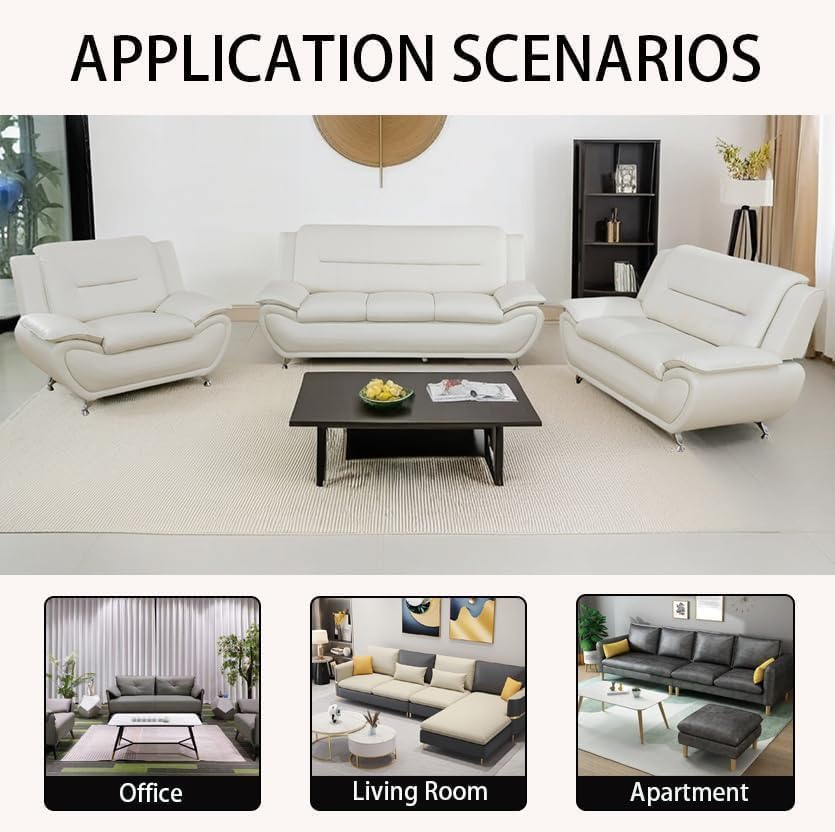 Miniatura 6 de Conjunto de sofá de cuero blanco moderno - 3 plazas + 2 plazas, sofá individual adecuado para sala de estar contemporánea, estilo claro, material y