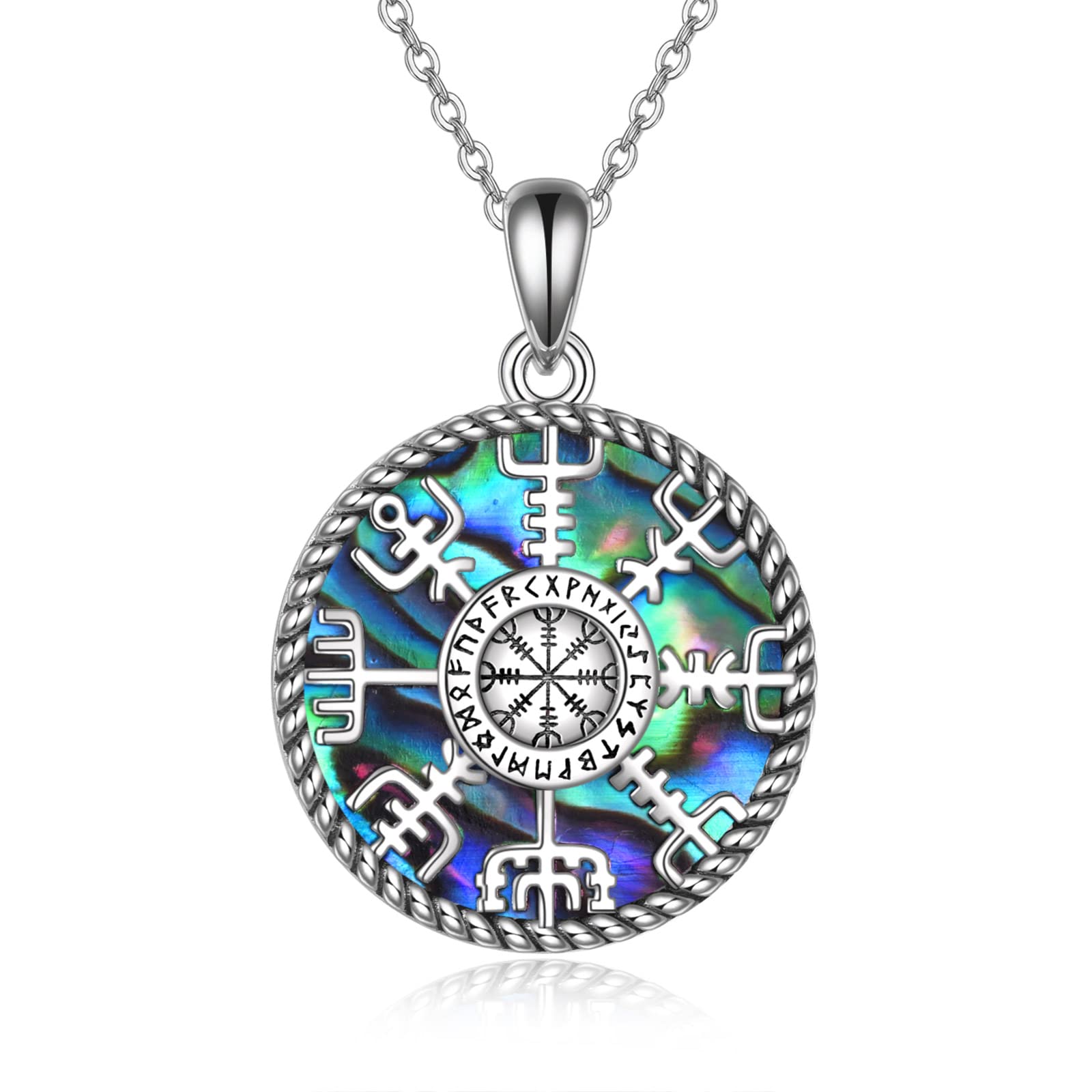 Wikinger Kompass Halskette Sterlingsilber Runen Vegvisir Anhänger Halskette Abalone Muschel Nordic Amulett Schmuck Geschenke für Frauen