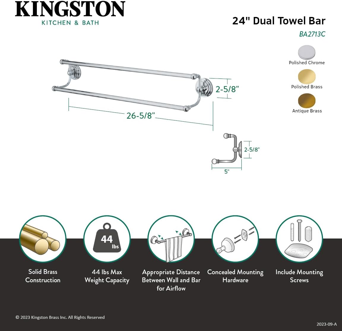 Kingston Brass BA2713PB Milano Dual Towel-Bar, 24-Inch, Polished Brass