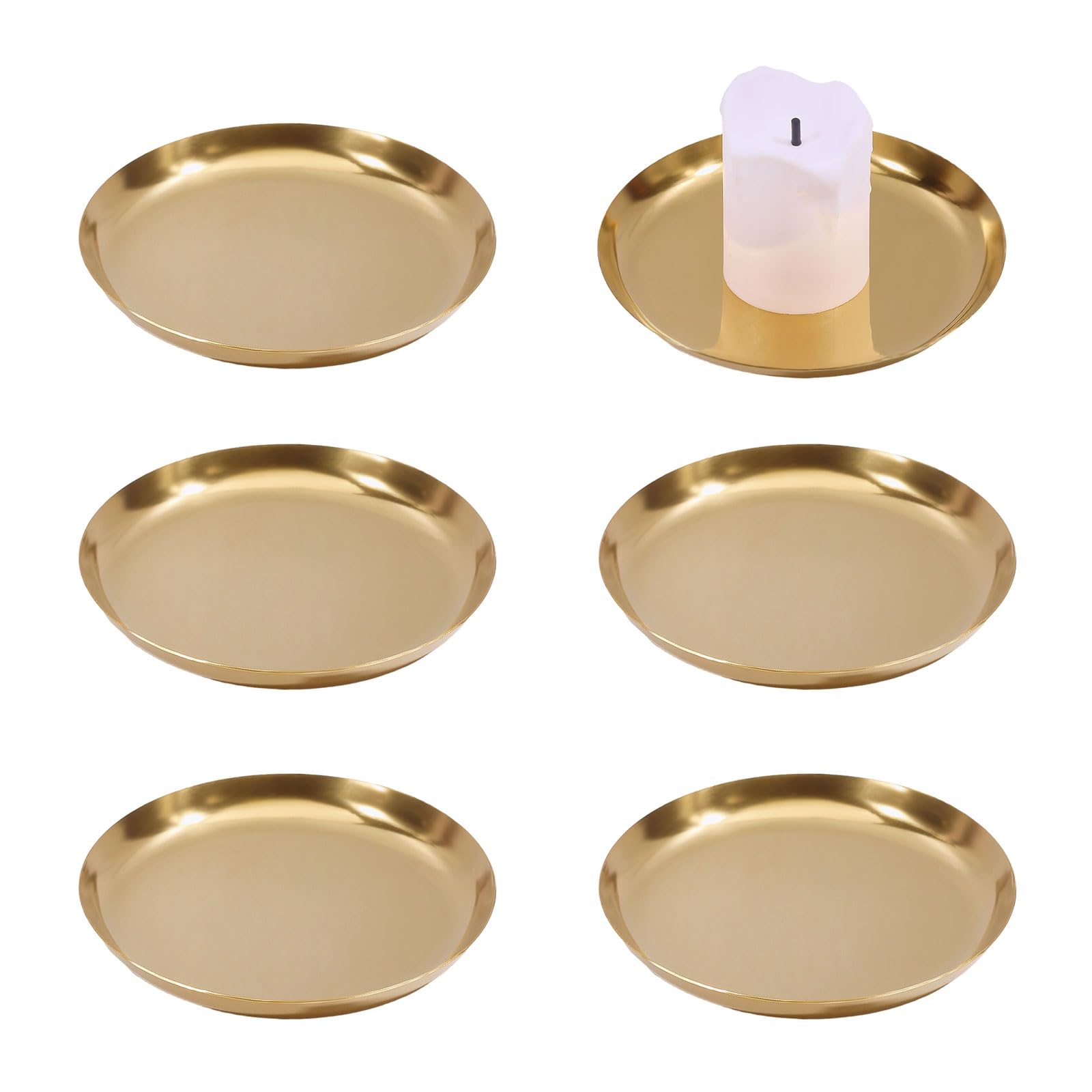 GLOBLELAND 6 Pcs 4" Round Metal Candle Holder Plate Gold Candle Holder Trays Stainless Steel Jewelry Plates Decorative Plate for Wax Candles Rings Trinkets