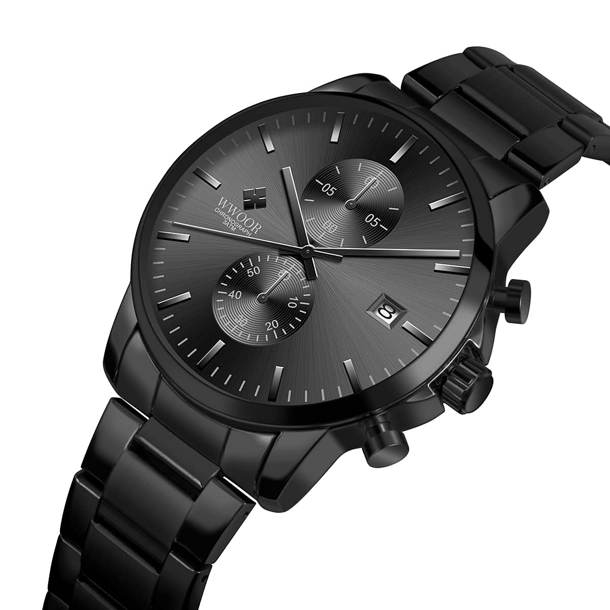 Montre bracelet pour homme avec montre à quartz chronographe étanche en acier inoxydable et métal, date automatique sur les mains colorées, extensible en acier inoxydable, réglable, Noir, 1, Bracelet