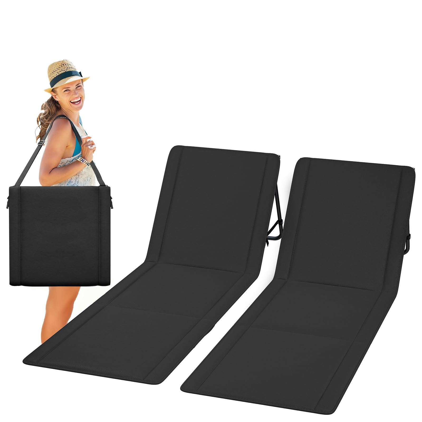 UDPATIO 2er Set Strandmatte mit Rückenlehne 195 cm, Strandstuhl, Verstellbare Strandliege Klappbar Leicht, Faltbare Sonnenliege für Strand, 150kg Belastbar, Sonnenmatte Gepolstert mit Tasche, Schwarz