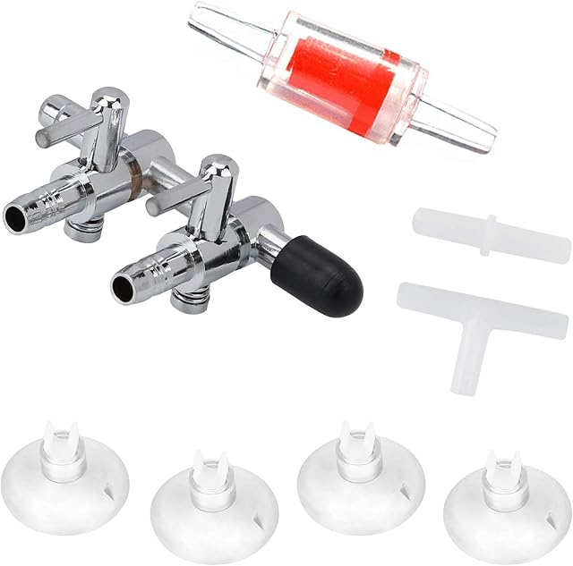 Uniclife 2-Way Aquarium Air Flow Control Lever Valve Distributor Splitter Accessories Set with 1 Check Valve, T & Straight Connector and 4 Suction Cups for Fish Tank