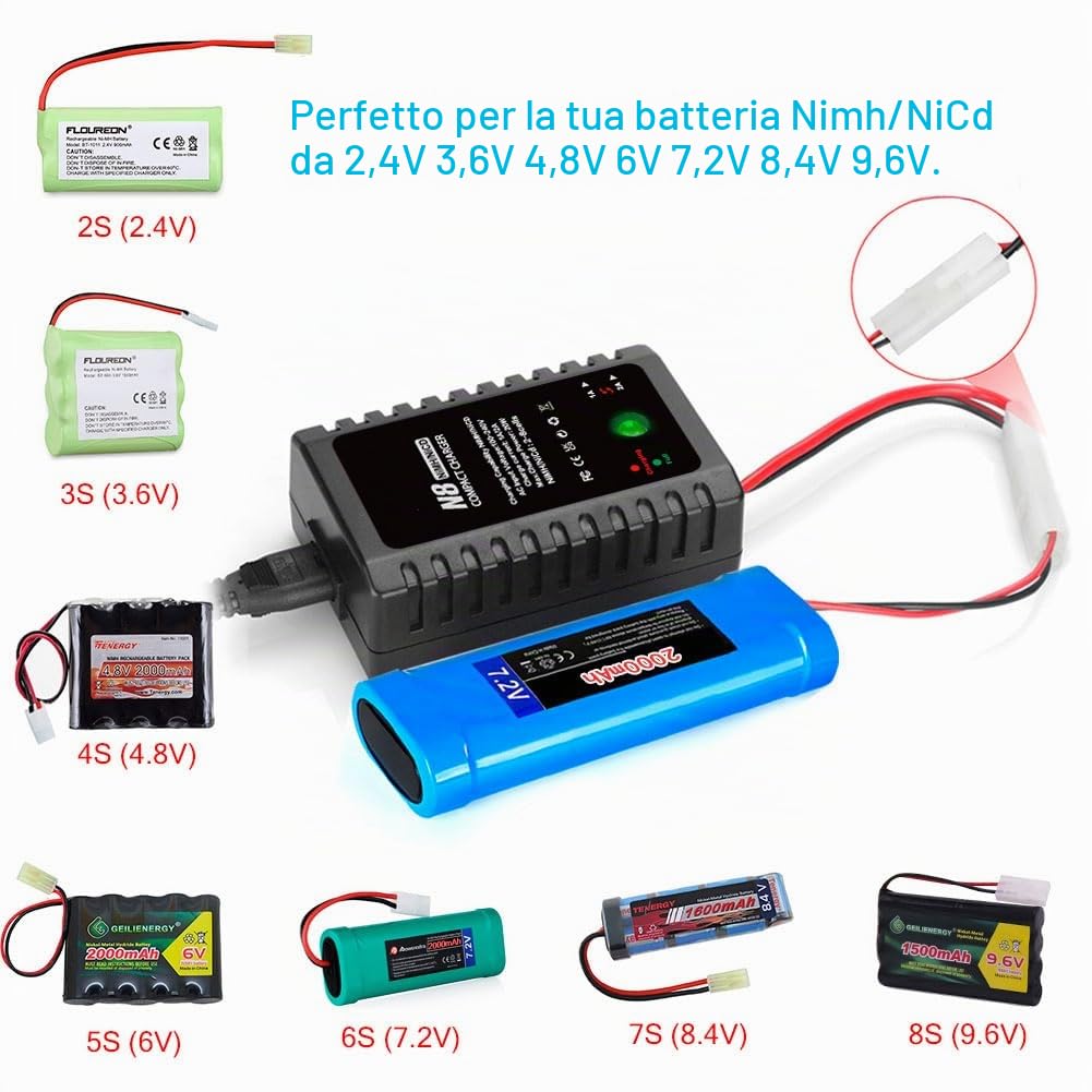 Haisito Caricatore Lipo N8, 2 – 8 s, Smart NiMH/NiCd, con spina standard/mini 2,4 V/9,6 V; adatto per auto airsoft-RC, barche, droni RCA