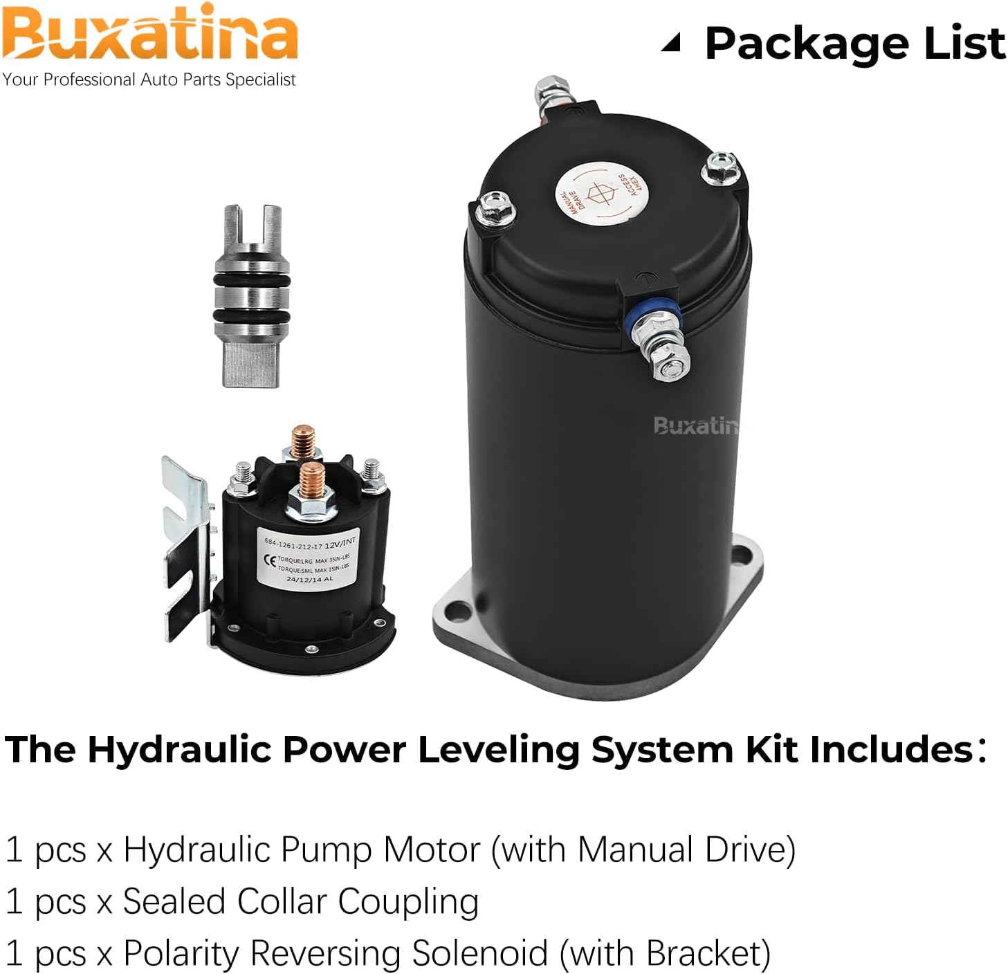 Hydraulic Power Leveling System Kit for RV, Includes 179327 414850 Hydraulic Pump Motor (with Manual Drive), 286722 Sealed Collar Coupling and 684-1211-212 Solenoid (with Bracket)