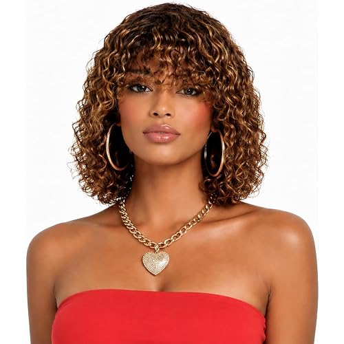 short water wave wigs with bangs 100% Brazilian virgin human hair pixie cut wig wear and go 180% density curly hair glueless wigs for black women brown colored p4/27 12 inch
