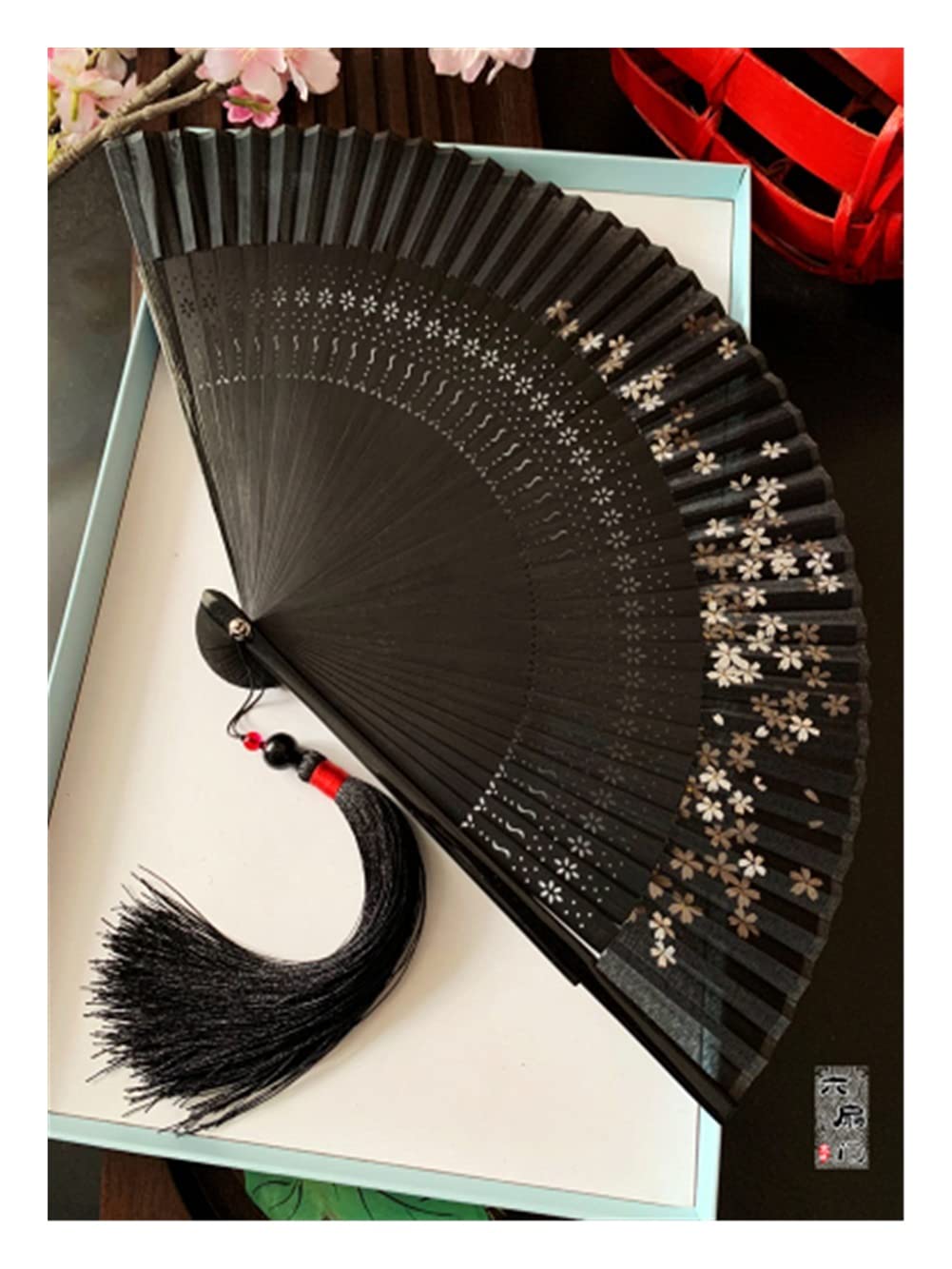 NZPOST Folding fan Chinese Style Ancient Style Bamboo Handle Folding Fan Juan Cloth Female Fan Cherry Blossom Portable Jump Dance Fan fan (Burgundy 21cm)