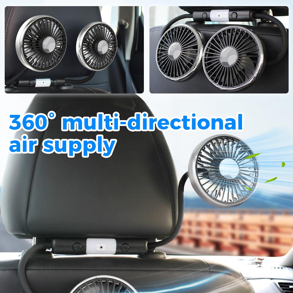 Ventilateur De Voiture, Ventilateur Voiture à Double Tête, Passager Arrière Ventilateur De Refroidissement 3 Vitesses Et Rotation à 360° Ventilateur, Ventilateur Auto Pour Voitures,Camions,Suv
