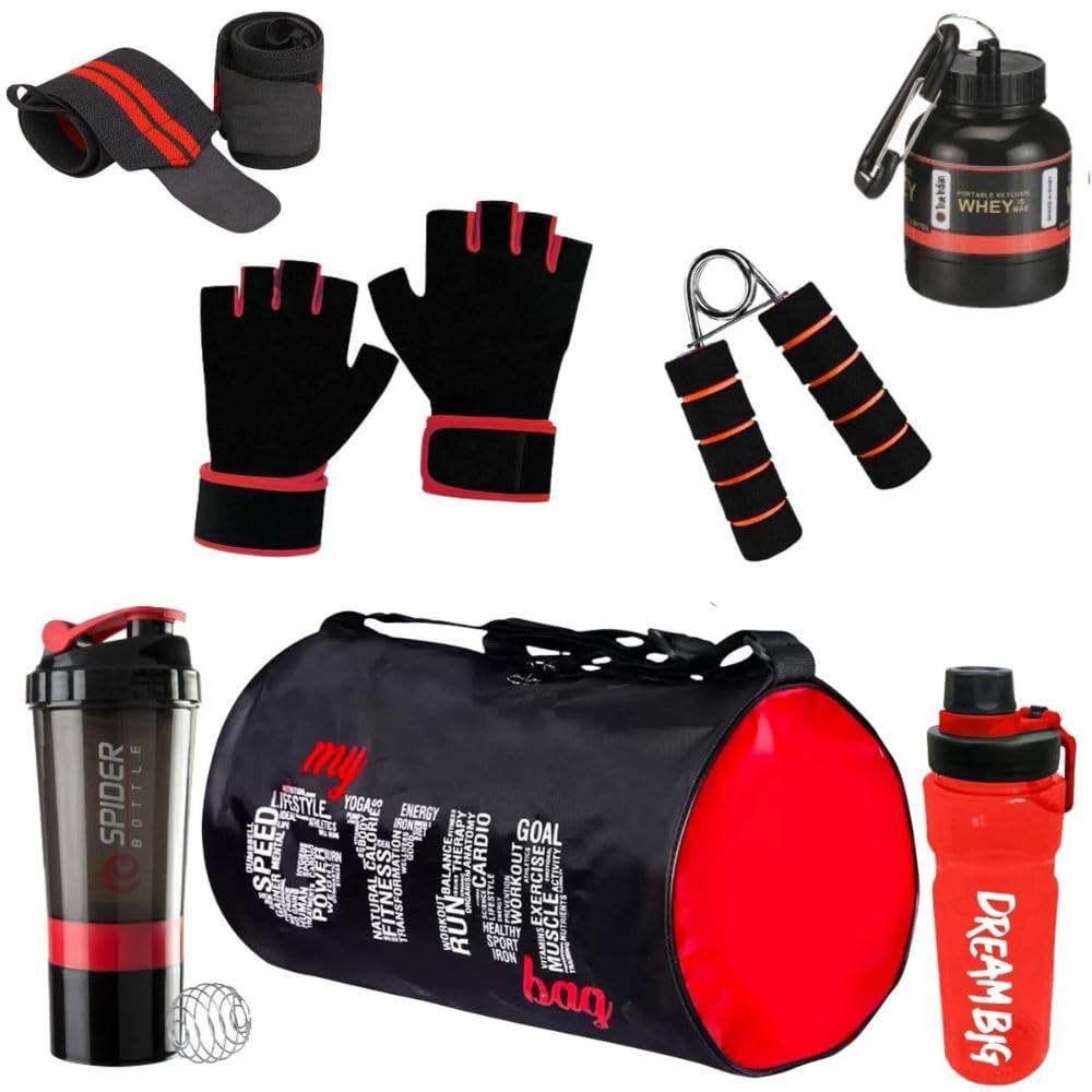 fit focus (Pack of 7) My Gym Bag Combo for Men,Shaker Bottle | Sipper Bottle Gym Gloves l Whey Container Gym kit for Men and Women Gym Bag & Fitness Kit & Premium Bag Combo (Red)-picture-14