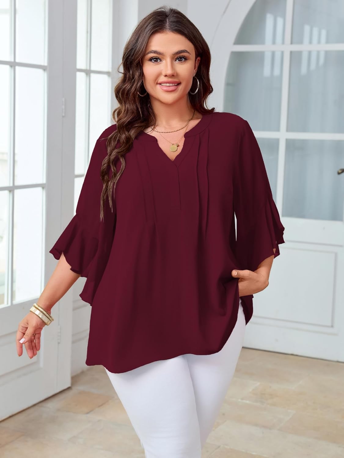 SCOMCHIC Women's Plus Size Blouse 3/4 Sleeve V Neck Chiffon Dressy Casual Shirts Business Work Office Tunic Tops XL-5XL - Image 5