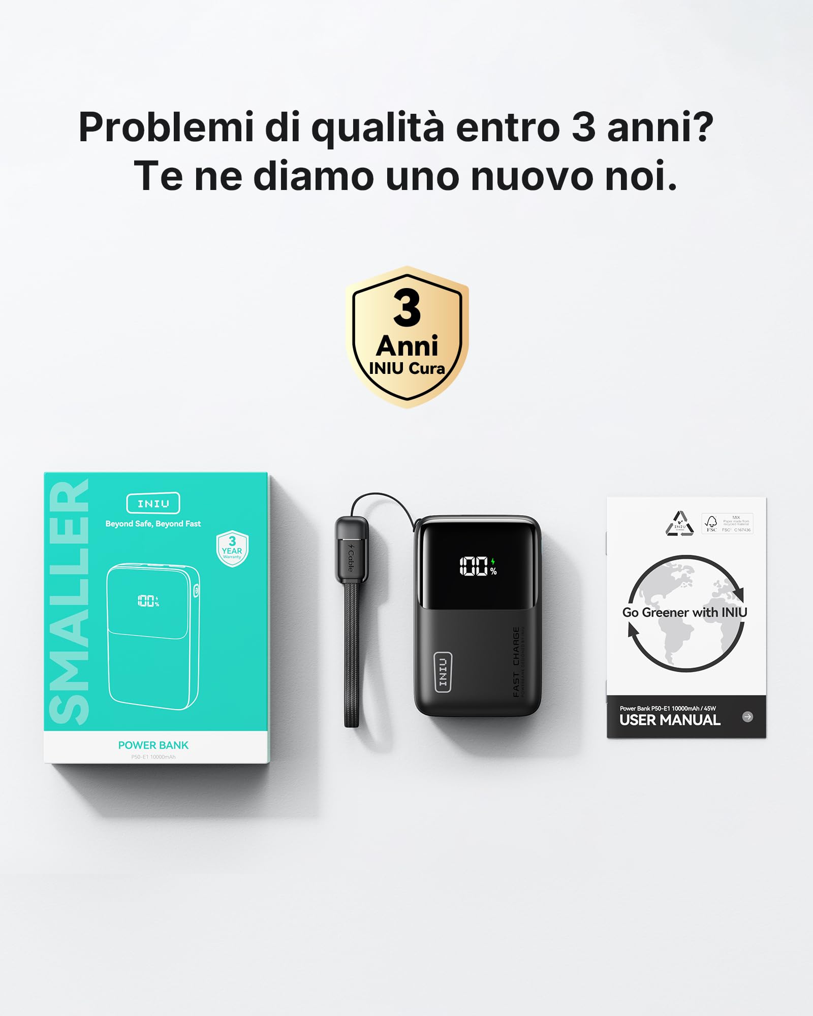 INIU Power Bank, Ultra Mini 45W Ricarica Rapida 10000mAh Powerbank con Cavo USB C Staccabile, Idoneo per Volo, Essenziali da Viaggio, Caricatore Portatile per iPhone 17 16, Samsung, Xiaomi, iPad ecc.
