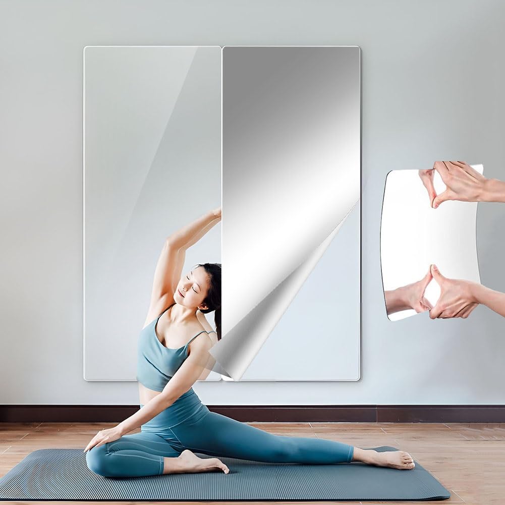 Specchio Adesivo da Parete Flessibile 120x45cm 2 Pezzi, Sicuro e Infrangibile per Palestra in Casa, Camera da Letto, Soggiorno