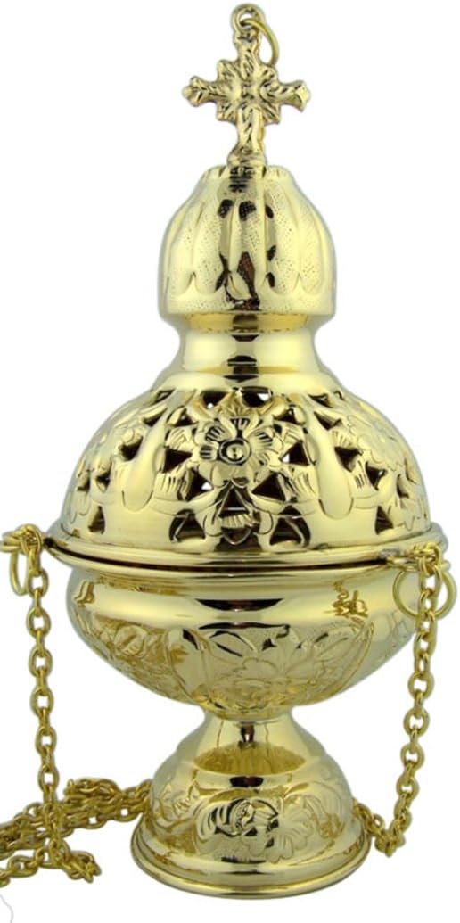 High Polished Brass Hanging Incense Burner Censer with Floral Design, 9 1/2 Inch