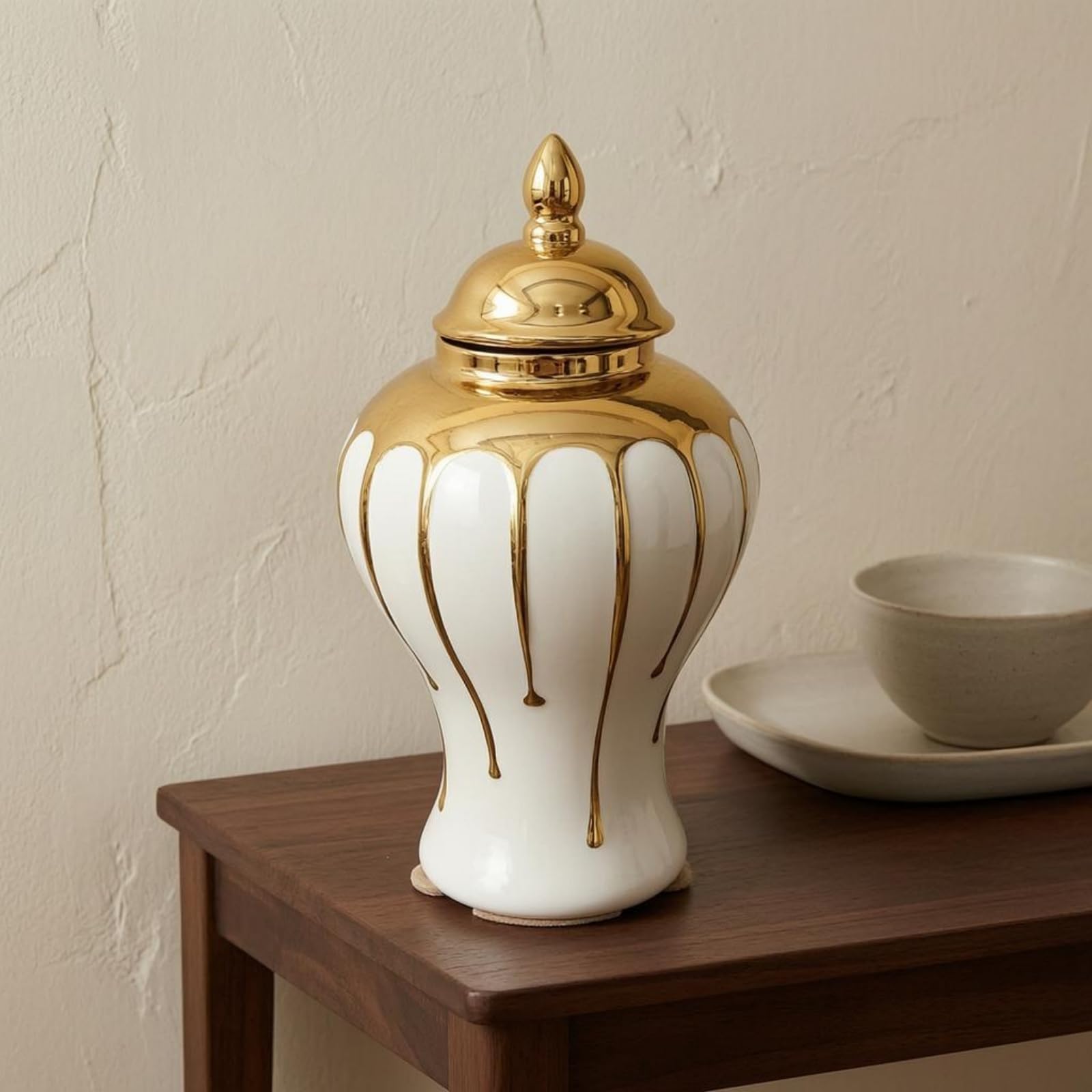 Sharplace Dekovase Urnenform Vase Gefäß Krug mit Stilvollem Deckelabschluss Und Runder Schulter Veredelte mit Feinem Linienmuster für Festtafel Buffet Bankett, Wassertropfen-Generalgefäß Groß, Gold