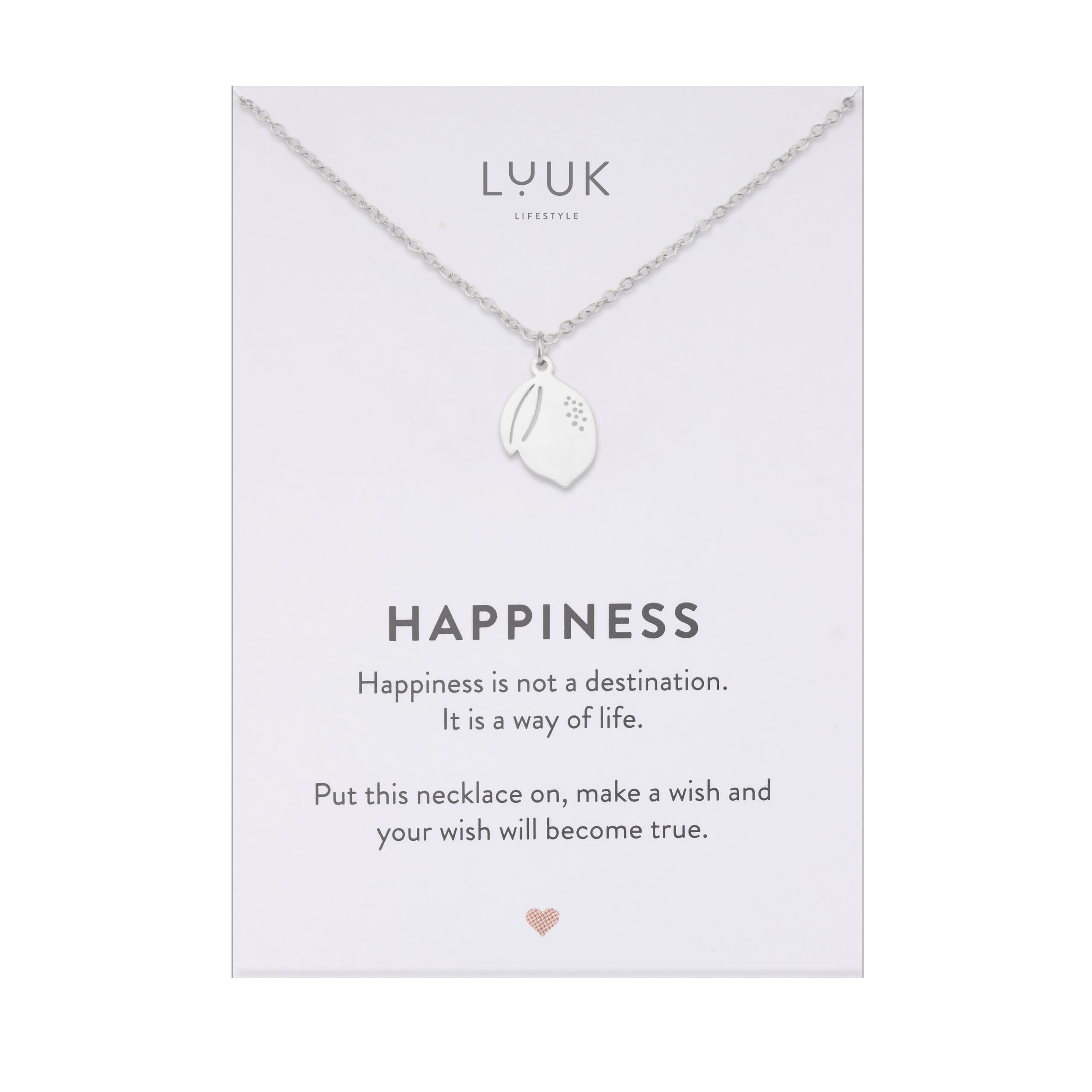 LUUK LIFESTYLE Collana con ciondolo diverso e acciaio inossidabile 50 cm, con carta HAPPINESS, idea regali donna, lei, ragazza, compleanno, portafortuna, gioielli elegante, argento, or, rosa
