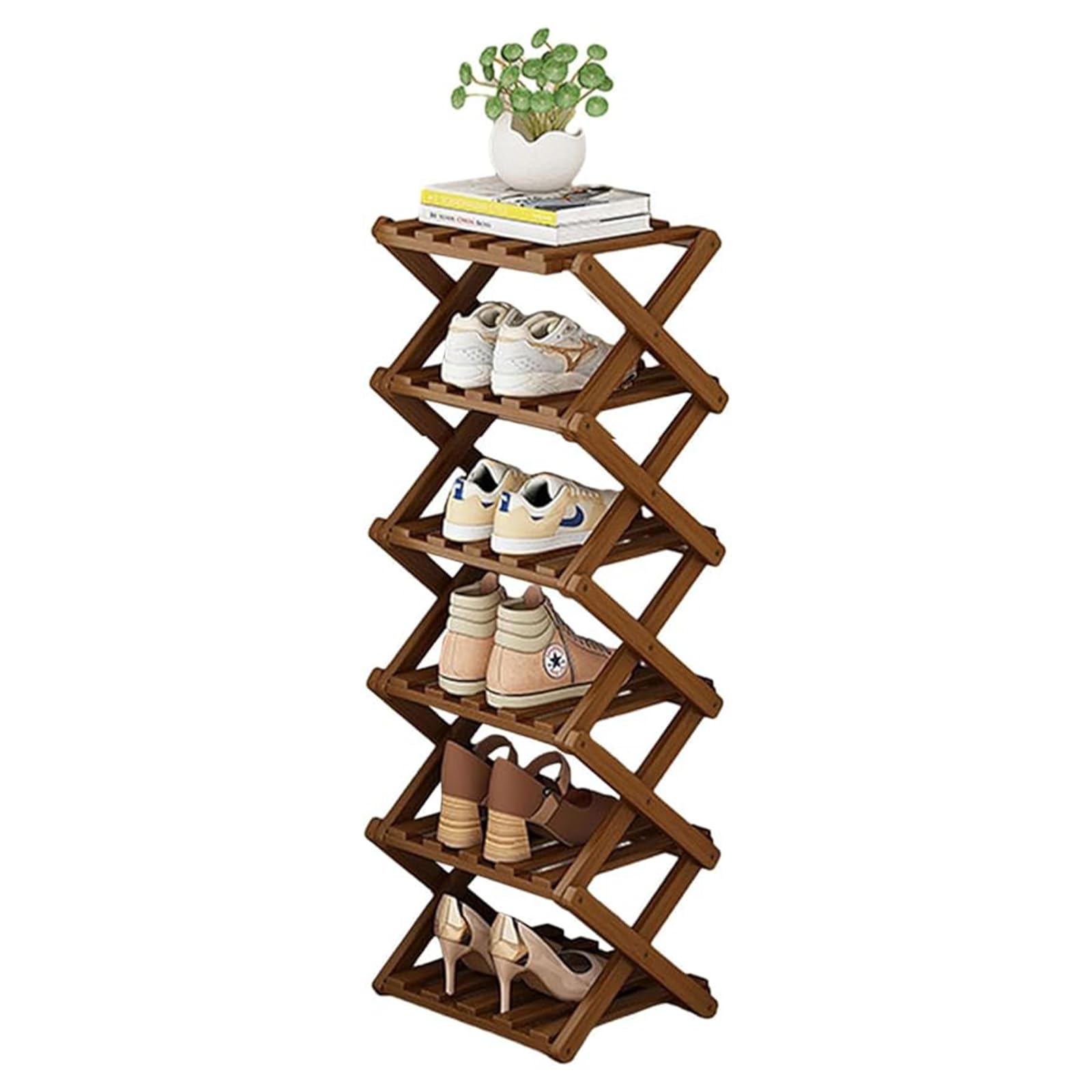 outer treasure Multi Tier Shoe Rack,Shoe Racks Storage,Narrow Shoe Rack,No Installation Foldable X Shape Shoe Racks,Multi layer Show Rack for Bathroom,Living Room Entryway (Brown-6 Tier)