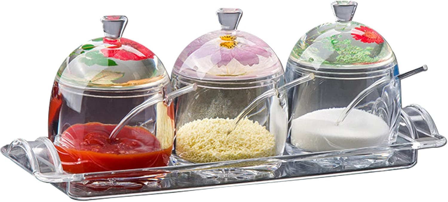 Clear Seasoning Box - 3PCS Acrylic Condiment Pots for Salt Sugar Herbs, Spice Jar Containers with Base, Dried Flower Handle Lids and Spoons