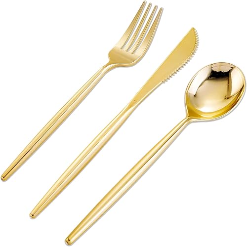 LLSF 90 cubiertos dorados de plástico, cubiertos desechables dorados, utensilios de plástico resistentes incluyen 30 cuchillos de plástico, 60