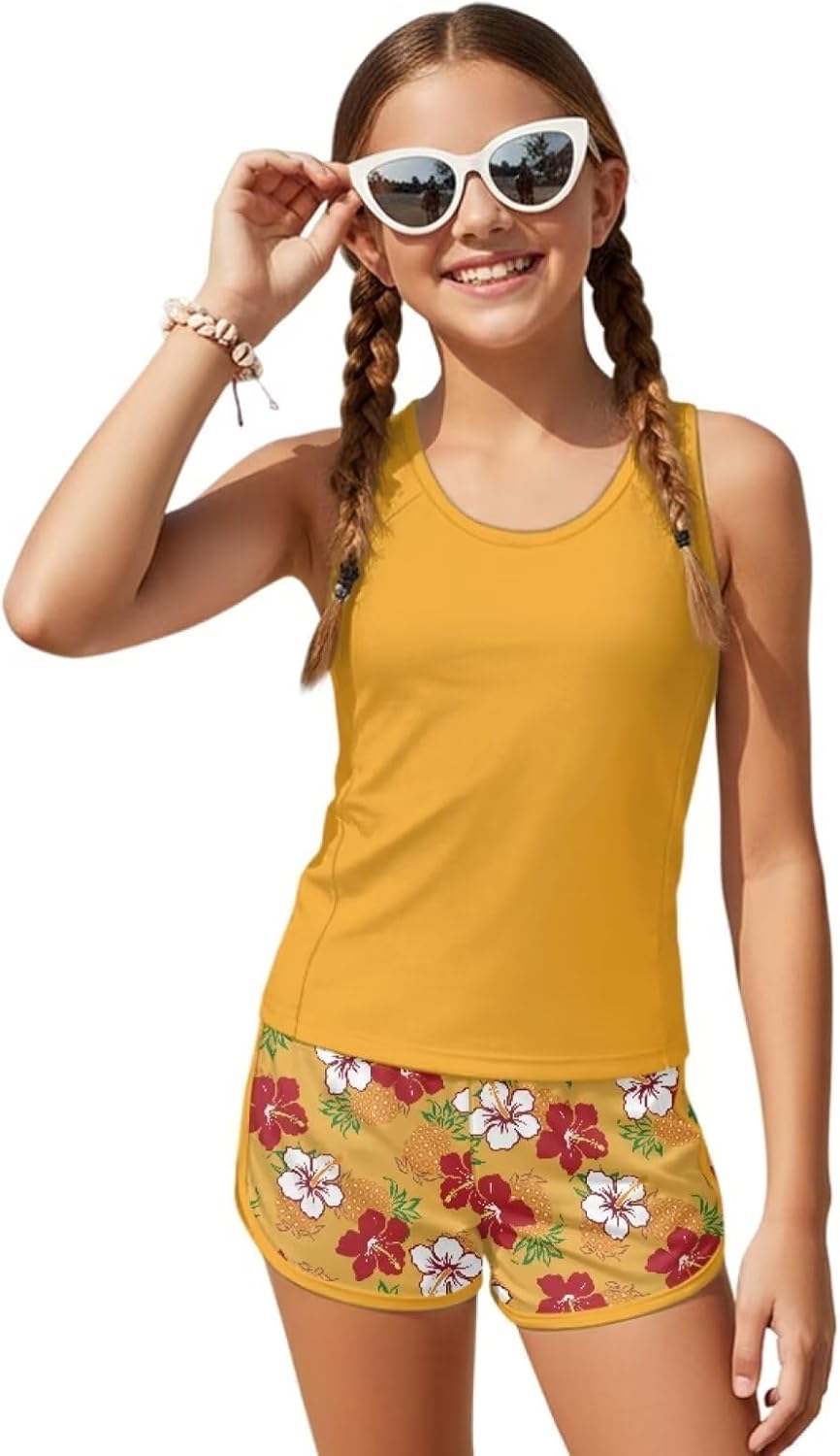 Girls Tankini Swimsuits 2 Piece Set with Boyshorts Sleeveless Swim Tank Tops Summer Bathing Suits 6-15 Year