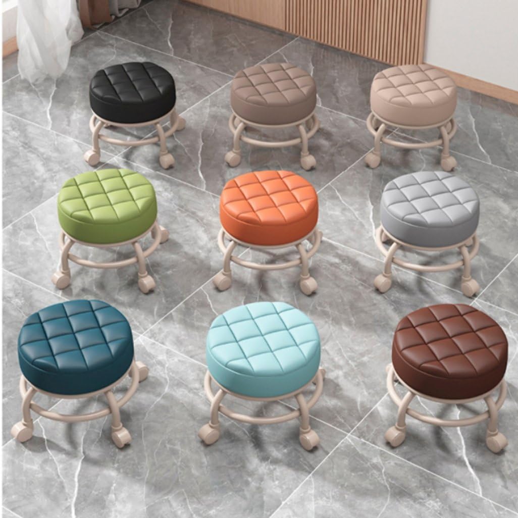 Heavy-Duty Low Roller Stool with 360° Swivel Wheels, Ottoman Footstool, Low-Height Short Rolling Stool Seat, PU Leather Small Mechanic Chair, Rolling Stools for Garage, Shop, Library Orange