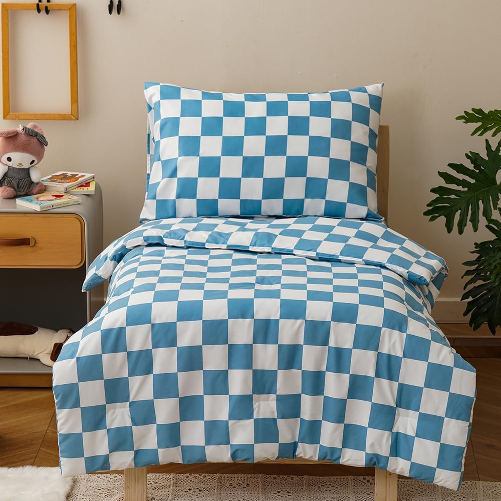 CLOTHKNOW 4Pieces Blue White Plaid Toddler Bedding Sets for Boys Girls Grid Bedding Sets Soft Crib Bed Sets Light Blue White Comforter