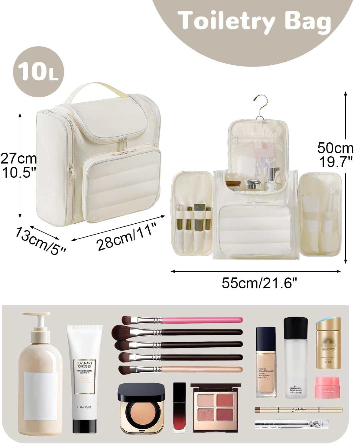 Waterproof Large Capacity Hanging Travel Toiletry Bag for Women, Portable Travel Organizer Kit for Full Sized Toiletries and Cosmestics, Spacious Makeup Bag with Swivel Hook, White - Image 2