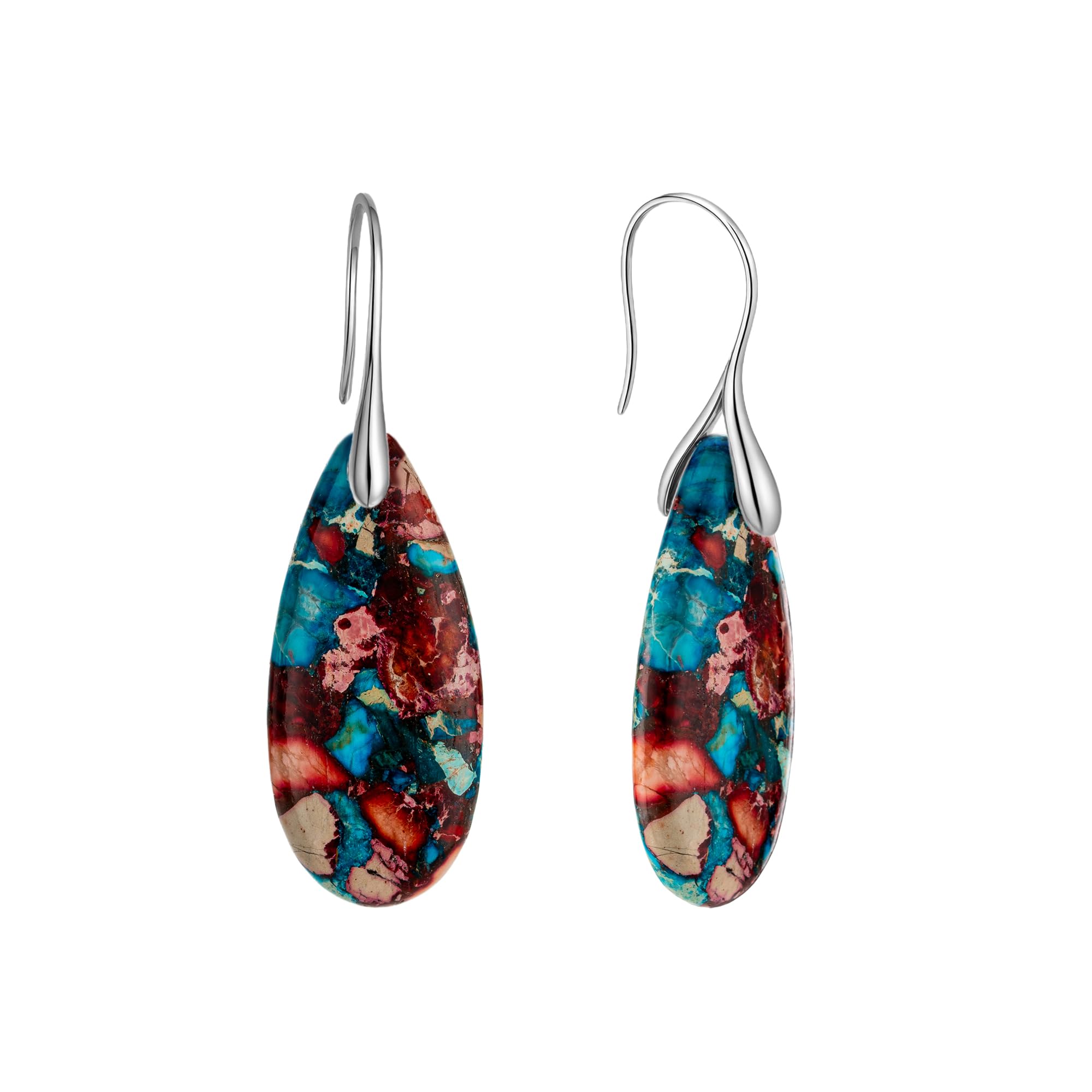 925 Sterling Silver Natural Imperial Jasper Dangle Drop Earrings, Waterdrop Shape, Boho Style