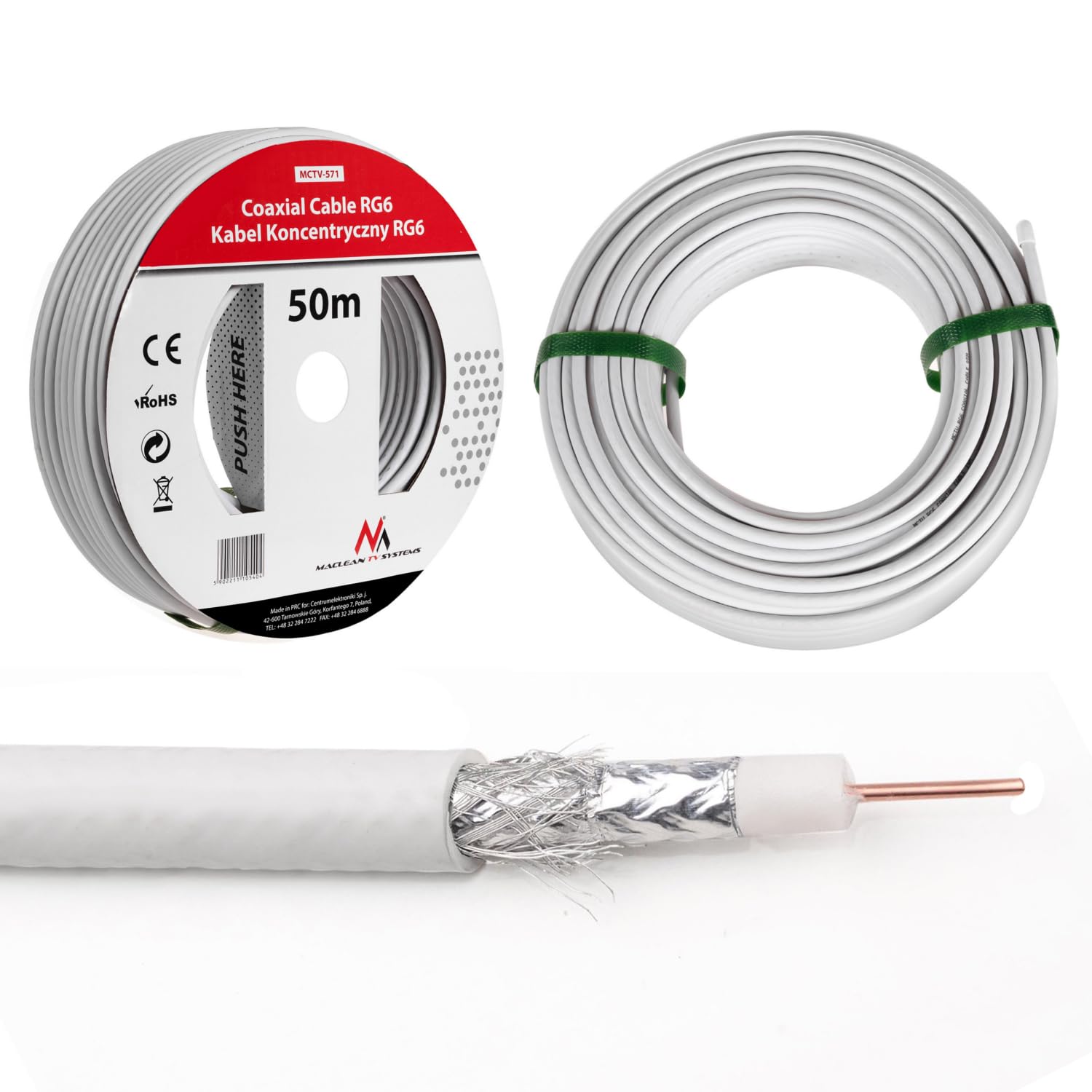 Maclean MCTV-671 Quad LNBF avec câble de 50 m et 4 fiches F | Convient pour les récepteurs satellites analogiques et numériques 0,1 dB SKY 3D Full HD Compatible avec commutateur numérique Full HDTV