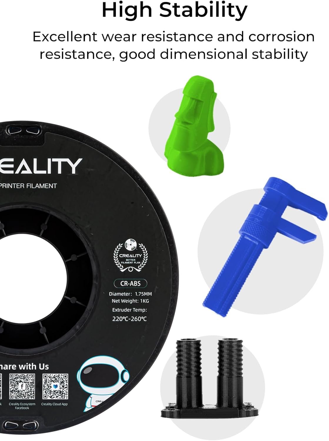 Creality Filamento ABS da 1,75 mm, robusto filamento per stampante 3D ad alta resistenza, inodore e atossico, indeformabile e resistente agli urti, bobina da 4 kg, nero, bianco, grigio e blu