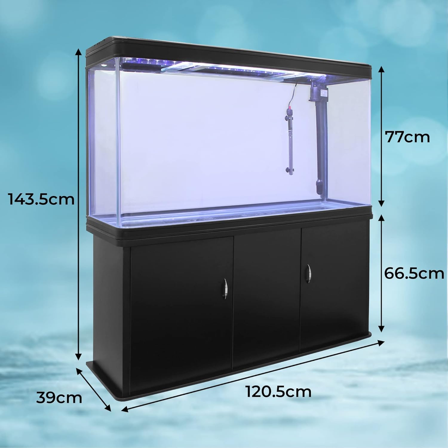 Acquario Curvo 300L con Mobile Nero Opaco, Vetro da 11mm, Pompa, Filtro, LED, Riscaldatore 300W, Ghiaia 25kg e Decorazioni – Vasca per Pesci Tropicali, Dolce e Marino 120cm