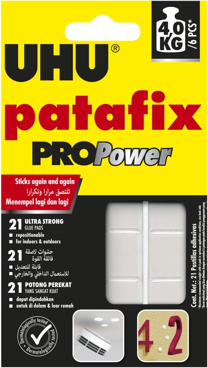 UHU Patafix Propower - Ultra-Strong (Up To 4 kg per 6pcs), Removable And Reusable Adhesive Putty, Repositionable And Precut Tack, 21 Pads, White, No Need To Drill